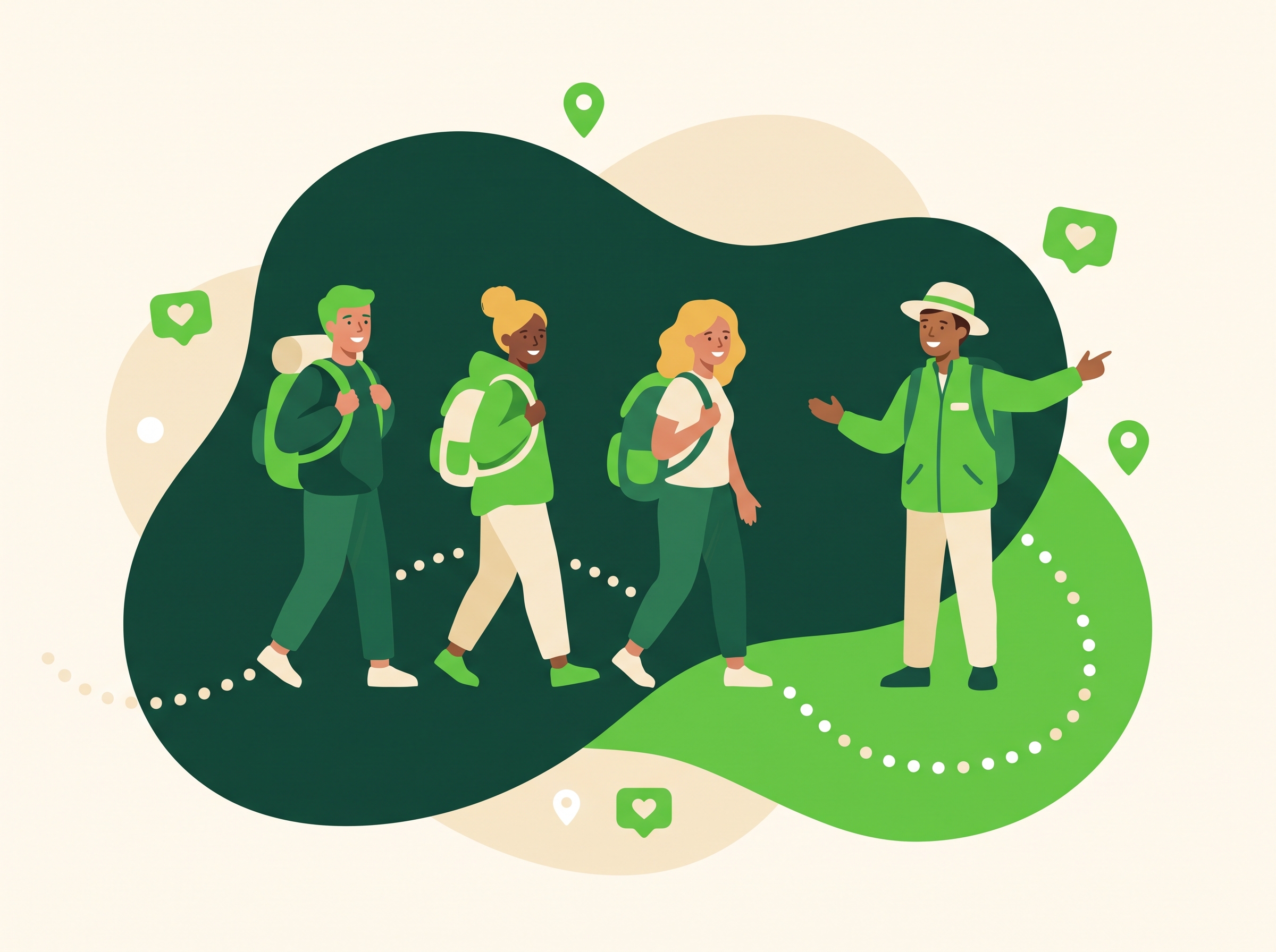 Illustration of a local guide leading a small group of travelers